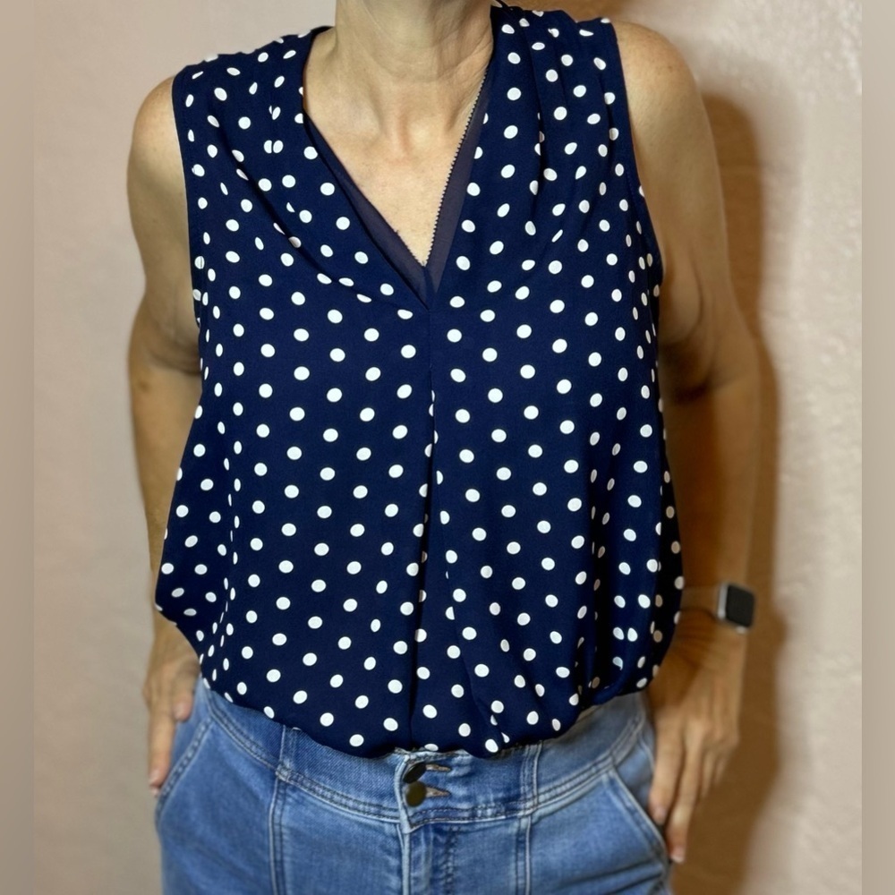 7th Avenue Dark Blue and White Polka Dot Blouse